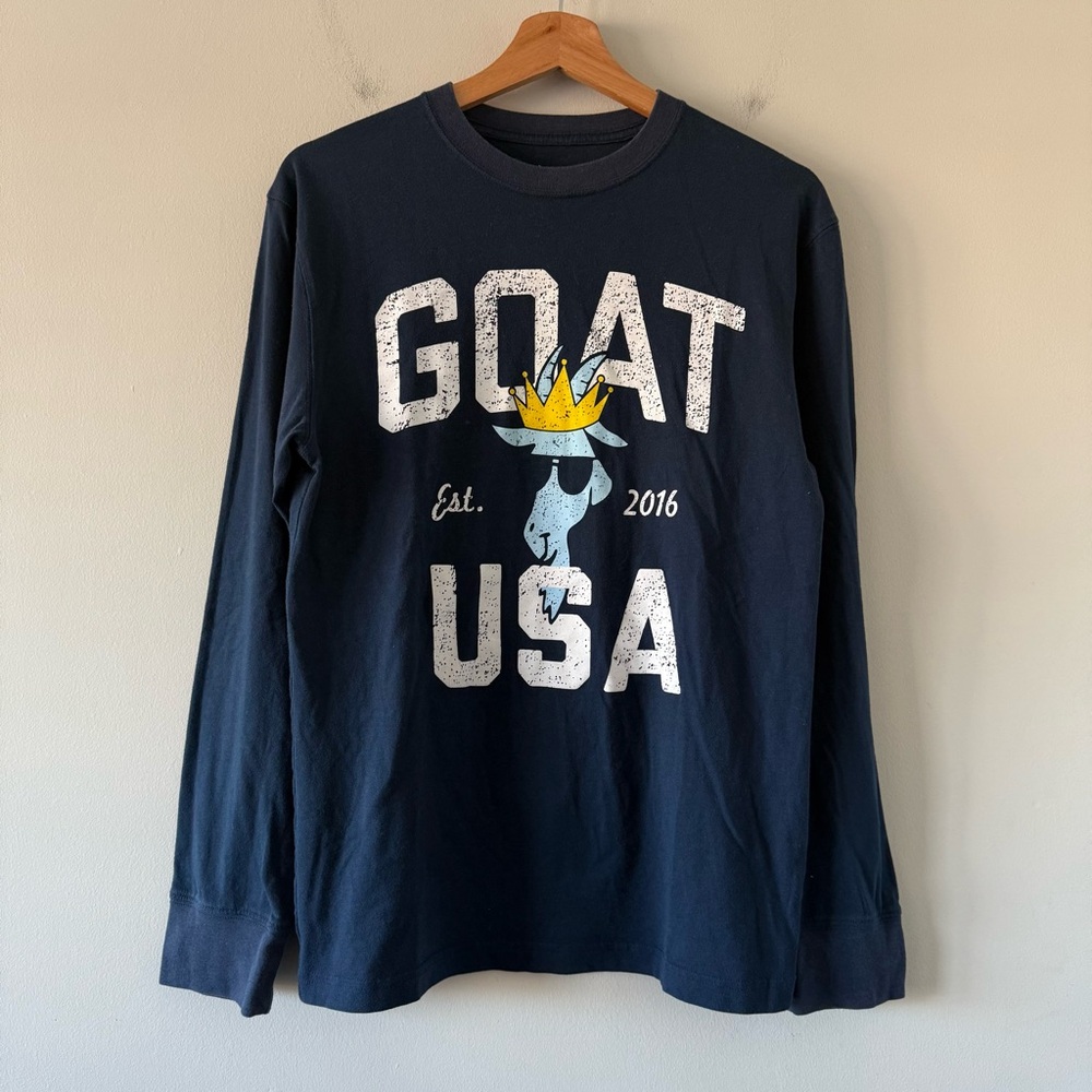 Goat USA Long Sleeve T Shirt Blue Preppy Blue Spell Out Graphic Mens Small